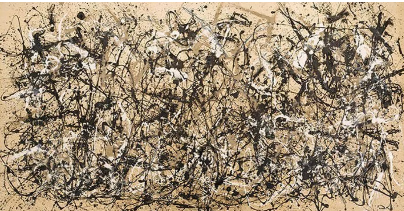 A dynamic painting composed of splattered black lines and white splotches.
