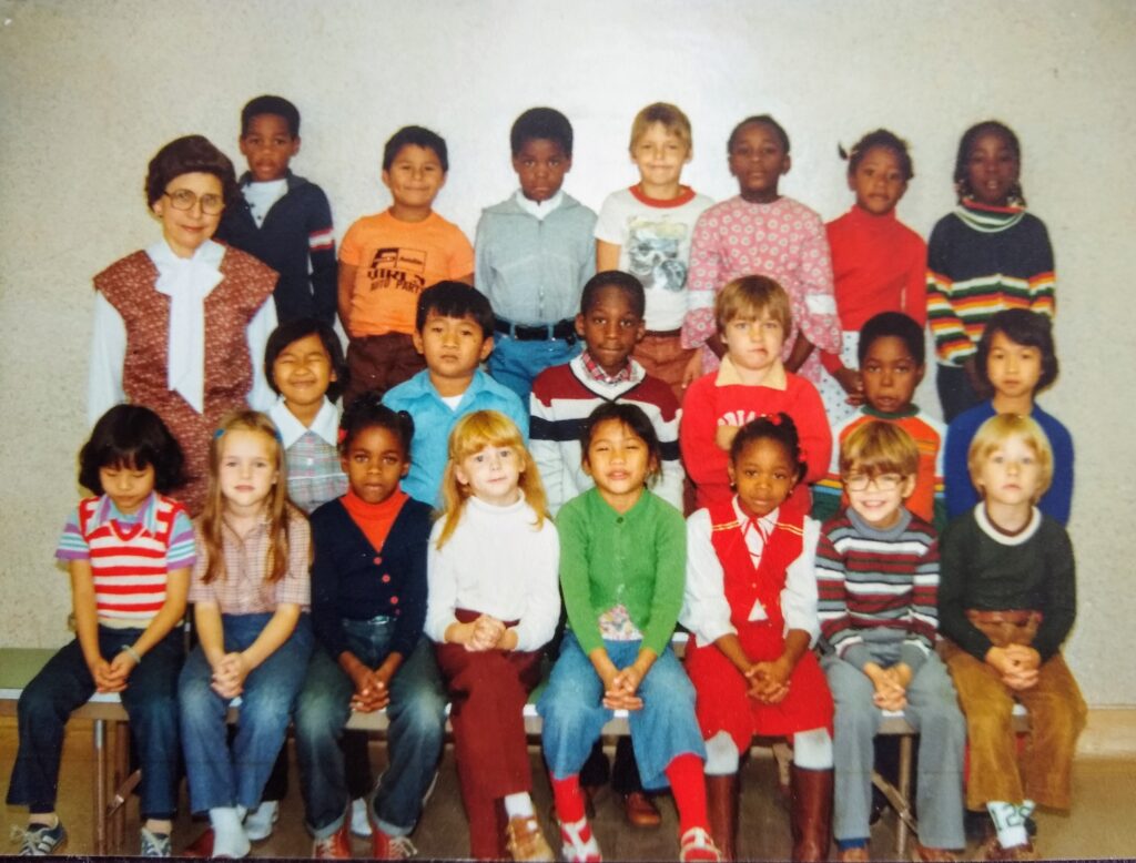 First grade class photo of mixed race kids (c. 1981-1982)